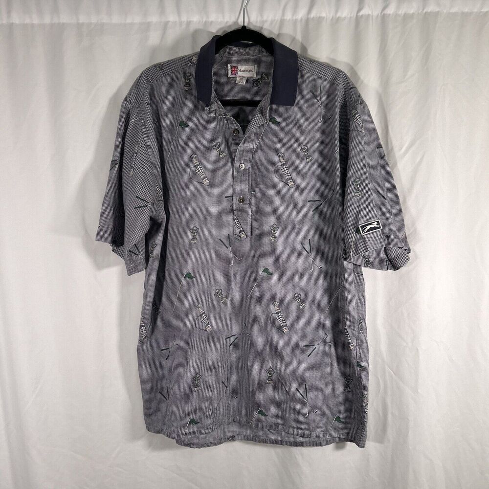 Slazenger Golf Polo Men's Large Grey Clubs Flags Print Short Sleeve Collared Sh